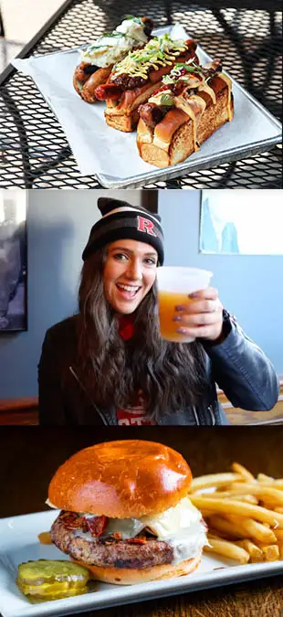 Food, drink, and happy fans at a bar